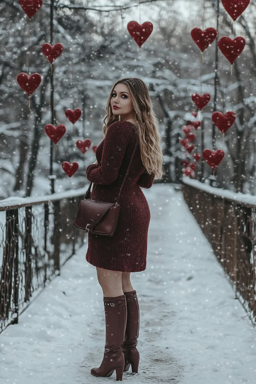 A plus-size woman dressed in a maroon knit dress, paired with knee-high boots and a crossbody bag