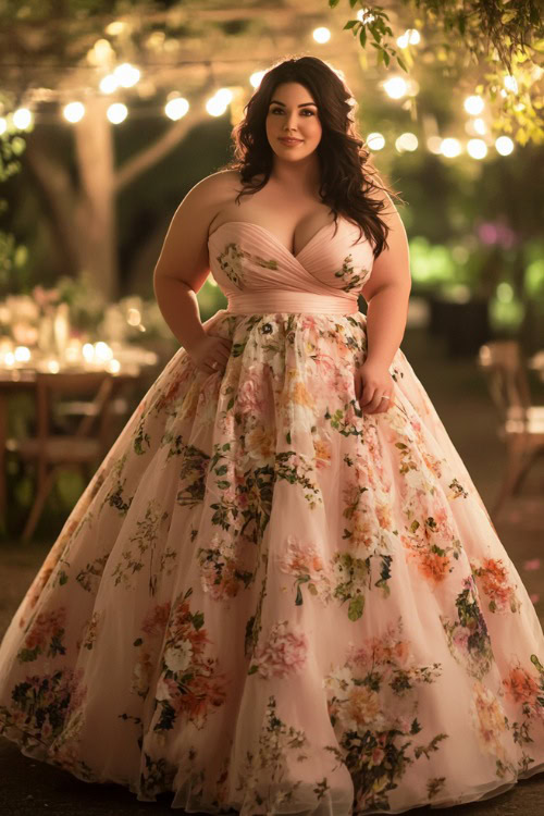 A plus-size woman in a blush pink sleeveless bubble dress with a ruched bodice, a flared hemline, and subtle floral prints, standing near a brightly lit spring garden wedding reception