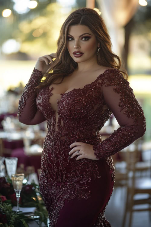 A plus-size woman in a deep burgundy mermaid gown with long sleeves, a sweetheart neckline, and intricate lace detailing, posing near a brightly lit wedding reception table