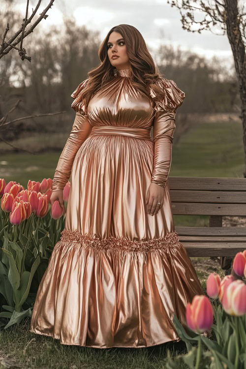 A plus-size woman in a metallic rose gold midi dress with a high neckline, ruffled sleeves, and an asymmetrical hemline, standing near a rustic floral wedding bench surrounded by tulips