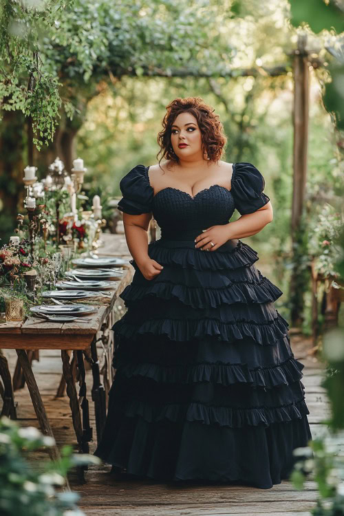 A plus-size woman in a navy bubble dress with short sleeves, a sweetheart neckline, and layered ruffles, standing near a rustic wedding table surrounded by greenery 