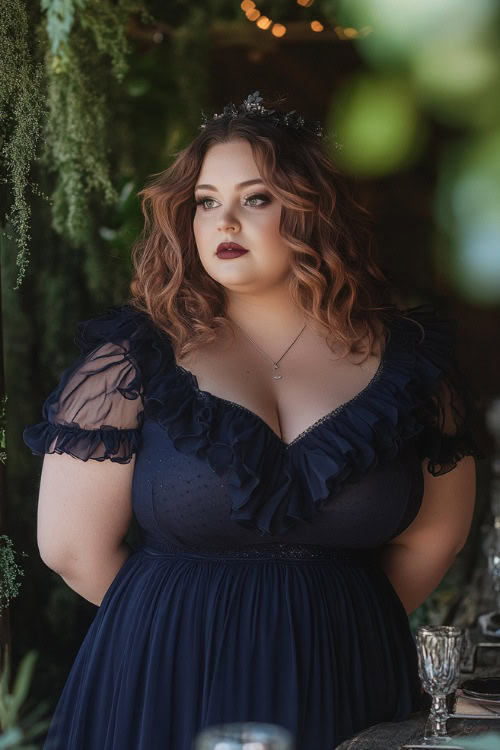 A plus-size woman in a navy bubble dress with short sleeves, a sweetheart neckline, and layered ruffles, standing near a rustic wedding table surrounded by greenery (3)