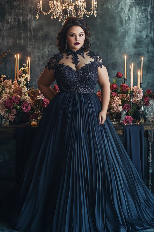 A plus-size woman in a navy flowing dress with a high neckline, pleated skirt, and crystal embellishments, posing near a candlelit wedding reception table adorned with flowers