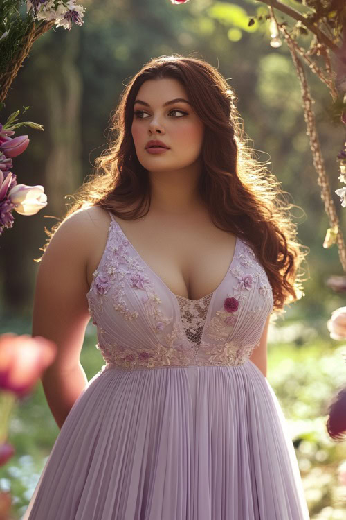 A plus-size woman in a pastel lavender A-line gown with a pleated skirt, a V-neckline, and floral appliqués, standing near a softly glowing floral wedding arch adorned with tulips