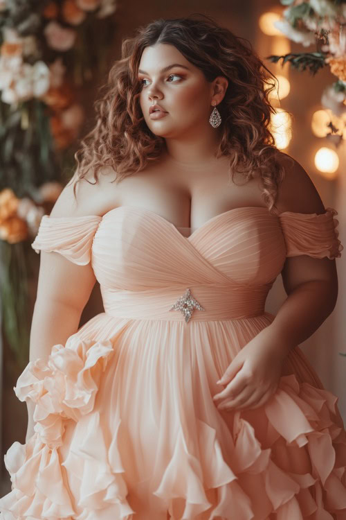 A plus-size woman in a pastel peach high-low midi dress with a tulip hemline, ruffled detailing, and a sweetheart neckline, standing near a softly glowing floral wedding setup