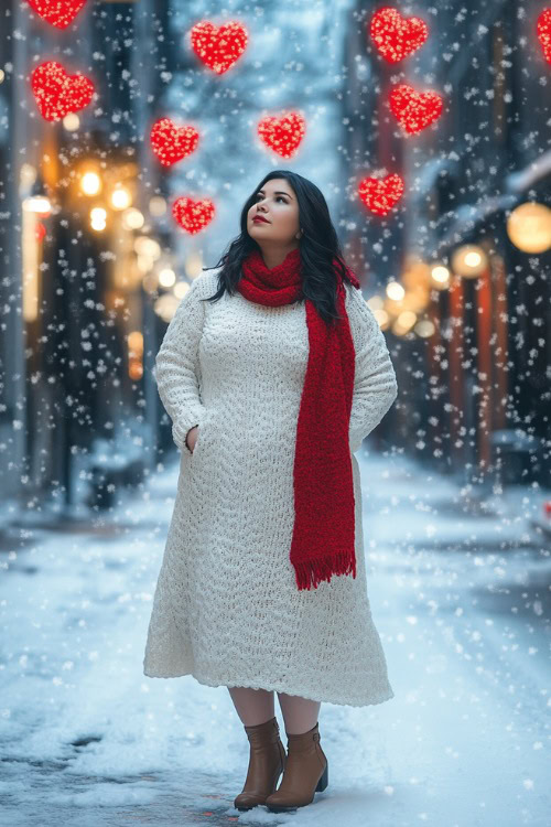 A plus-size woman in a soft white knit dress with a red scarf and heeled ankle boots, standing near a snowy street with Valentine’s heart-shaped lights