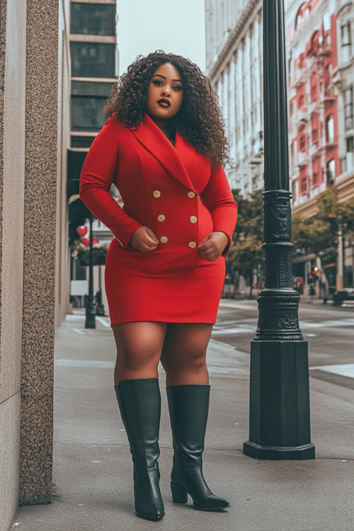 A plus-size woman wearing a fitted red blazer dress with gold buttons, paired with black thigh-high boots