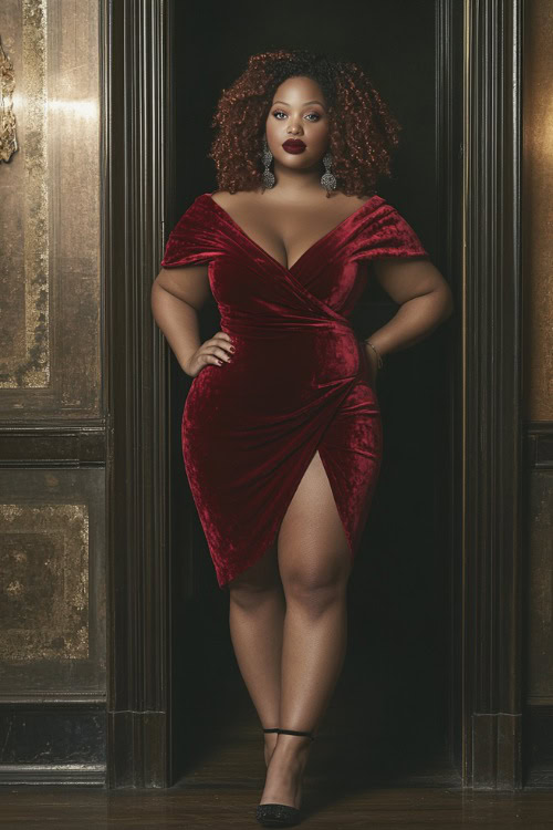 A plus-size woman wearing a red velvet wrap dress with a plunging neckline, paired with black heeled sandals and bold earrings