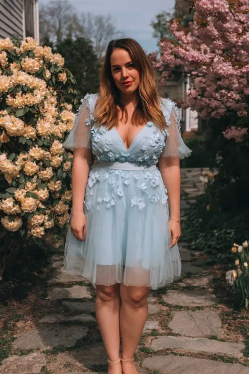 A plus-size woman wears a baby blue tulle dress with 3D floral appliqué and a belted waist