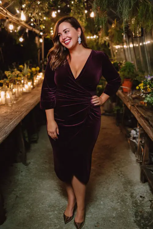 A plus-size woman wears a dark plum velvet wrap dress with long sleeves, styled with sparkly pumps and crystal earrings