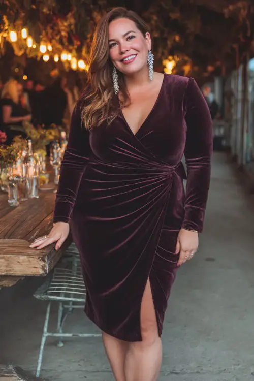 A plus-size woman wears a dark plum velvet wrap dress with long sleeves, styled with sparkly pumps and crystal earrings