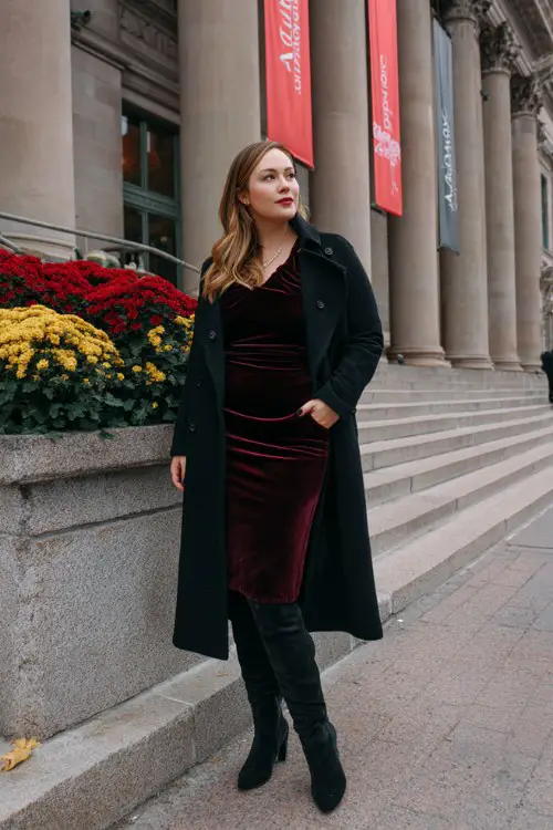 A plus-size woman wears a fitted burgundy velvet dress under a long black peacoat with structured shoulders and knee-high boots