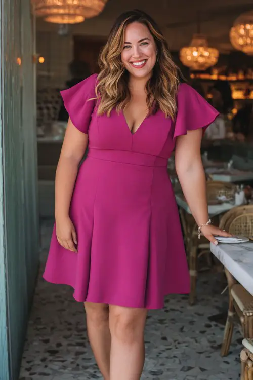 A plus-size woman wears a fuchsia fit-and-flare dress with flutter sleeves and subtle beaded details, styled with pumps and soft curls