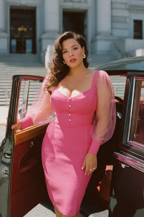 A plus-size woman wears a hot pink long-sleeve midi dress with sheer organza sleeves and rhinestone buttons