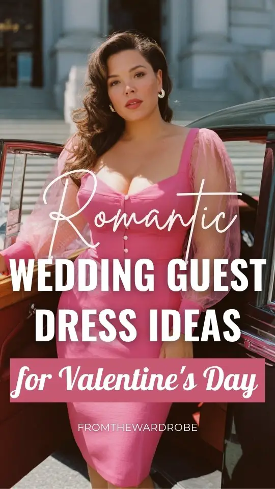 A plus-size woman wears a hot pink long-sleeve wedding guest dress with sheer organza sleeves and rhinestone buttons for Valentine's day