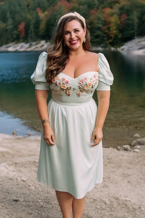 A plus-size woman wears a light mint midi dress with puff sleeves, a sweetheart neckline, and floral embroidery across the bodice