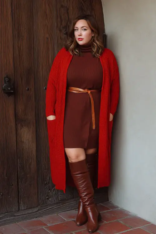 A plus-size woman wears a long red cardigan over a belted turtleneck knit dress and tall brown leather boots