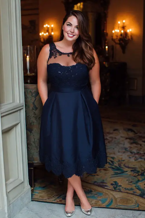 A plus-size woman wears a navy tea-length dress with a beaded illusion neckline and scalloped hem, paired with silver kitten heels
