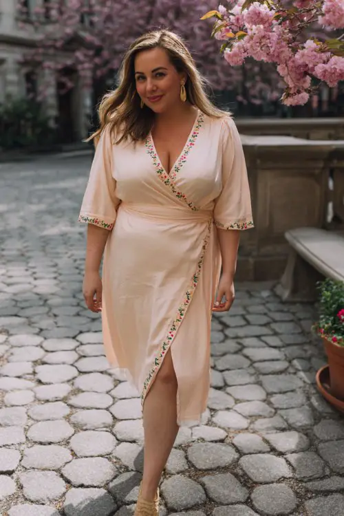 A plus-size woman wears a pale peach wrap dress with embroidered floral details along the neckline and hem