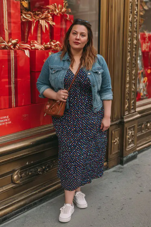 A plus-size woman wears a polka-dot midi dress with a denim jacket and white sneakers
