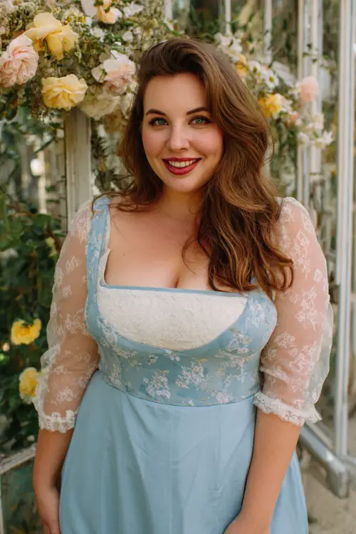 A plus-size woman wears a powder blue A-line dress with a square neckline and sheer lace sleeves
