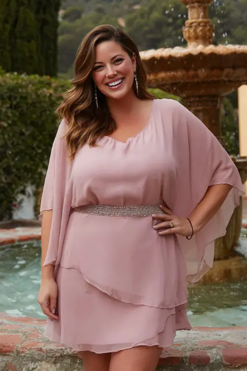 A plus-size woman wears a soft mauve high-low hem dress with a chiffon cape overlay and delicate beaded waistline