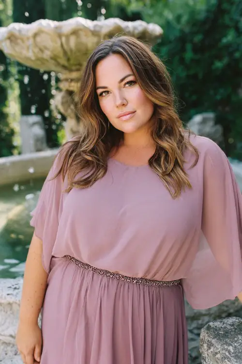 A plus-size woman wears a soft mauve high-low hem dress with a chiffon cape overlay and delicate beaded waistline
