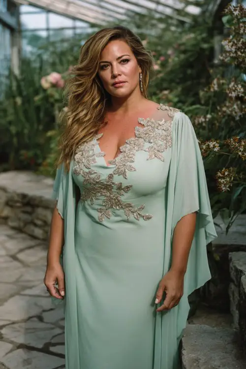 A plus-size woman wears a soft mint green gown with long cape sleeves and silver floral appliqué trailing across the neckline