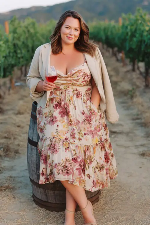 A plus-size woman wears a watercolor floral slip dress with a draped neckline and tiered hem, layered under a lightweight linen cropped jacket