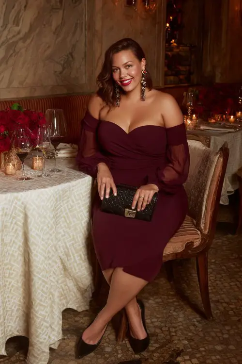 A plus-size woman wears a wine-colored off-the-shoulder dress with sheer sleeves, paired with black pointed-toe pumps, a clutch