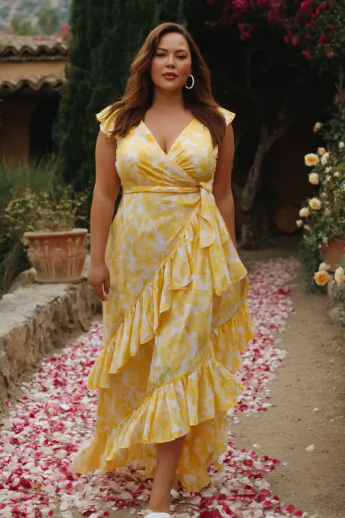 A plus-size woman wears a yellow printed wrap-style maxi dress with tiered ruffles and a V-neckline, styled with white sandals and hoop earrings
