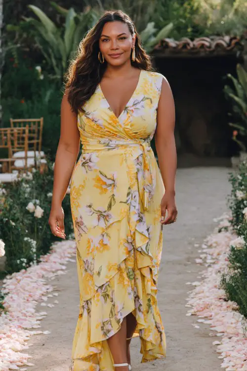 A plus-size woman wears a yellow printed wrap-style maxi dress with tiered ruffles and a V-neckline, styled with white sandals and hoop earrings