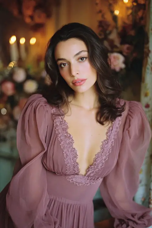 A soft romantic portrait of a woman wearing a mauve pink chiffon dress with lace trim, puffed long sleeves, and a deep neckline. Indoor floral setting with warm ambient lights