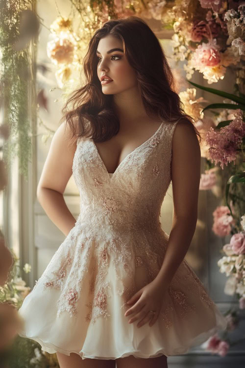 A stylish plus-size woman in a champagne-colored short A-line dress with a fitted bodice, a gathered skirt, and lace appliqués