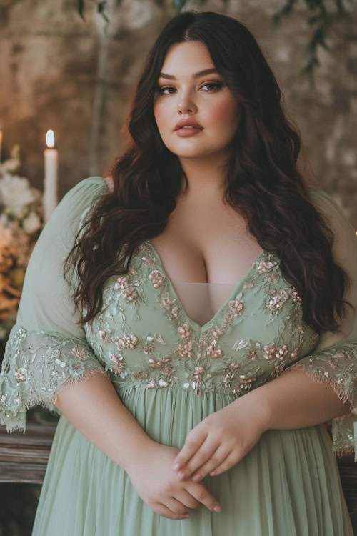 A stylish plus-size woman in a pastel green empire-waist maxi dress with flutter sleeves and floral embroidery, standing near a rustic wedding bench decorated with candles