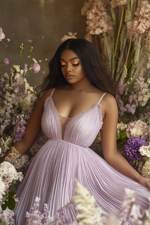 A stylish plus-size woman in a pastel lavender A-line midi dress with a pleated skirt, an illusion neckline, and subtle floral prints, posing near a softly glowing floral wedding centerpiece