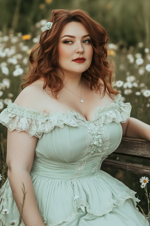 A stylish plus-size woman in a pastel mint green knee-length dress with a gathered waist, ruffled accents, and floral lace embroidery