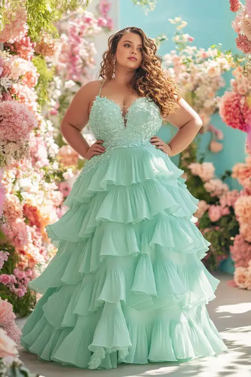 A stylish plus-size woman in a pastel mint green sleeveless floor-length dress with a tiered hemline, a cinched waist, and lace detailing, standing near a brightly lit floral wedding stage