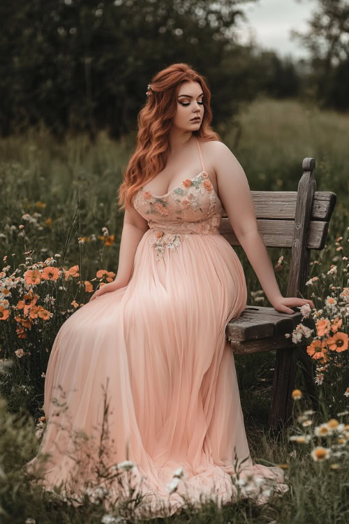 A stylish plus-size woman in a pastel peach sleeveless dress with a flowing hemline, floral embroidery, and adjustable straps, standing near a rustic wedding bench surrounded by wildflowers