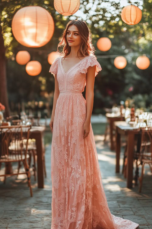 A stylish woman in a blush pink A-line midi dress with a square neckline, flutter sleeves, and floral lace embroidery, standing near a brightly lit outdoor wedding reception table