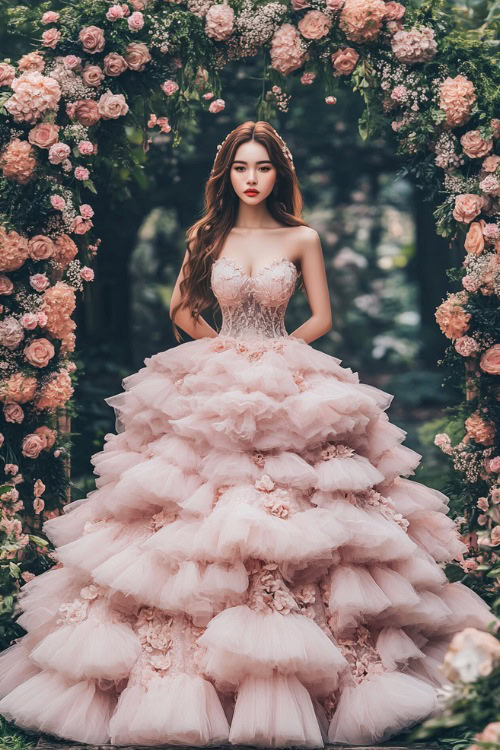 A stylish woman in a blush pink tiered ballgown with a sweetheart neckline, a corset-style bodice, and intricate lace detailing