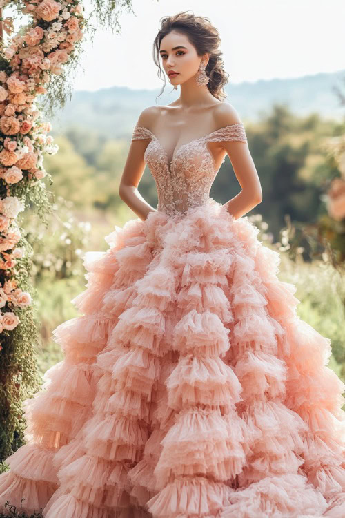 A stylish woman in a blush pink tiered ballgown with a sweetheart neckline, a corset-style bodice, and intricate lace detailing,