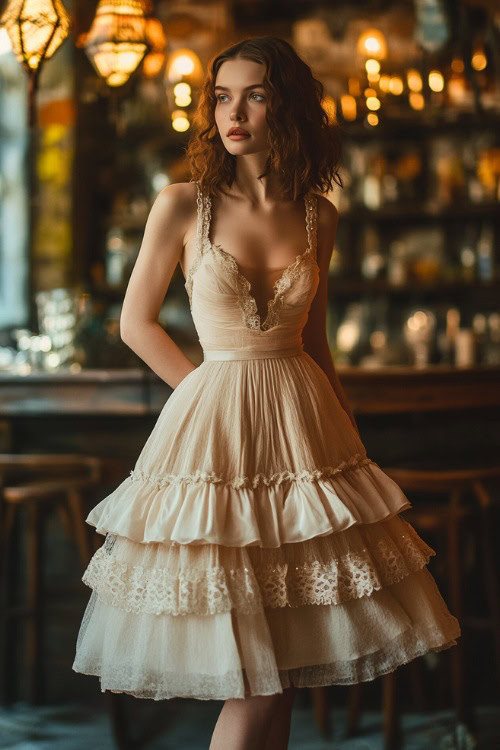 A stylish woman in a champagne-colored tea-length midi dress with a ruched bodice, a layered skirt, and lace trim, standing near a softly lit spring wedding reception