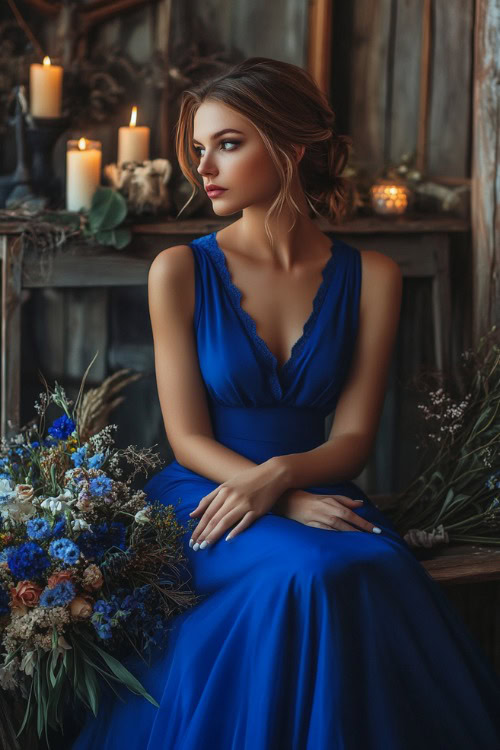 A stylish woman in a cobalt blue sleeveless cocktail dress with a scalloped hemline, posing near a rustic wedding bench decorated with candles and spring flowers