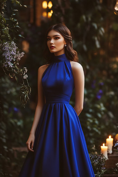 A stylish woman in a cobalt blue wrap cocktail dress with a tea-length hemline, a high neckline, and a cinched waist