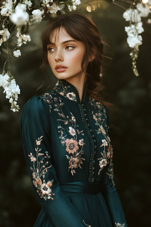 A stylish woman in a dark teal tea-length wrap dress with floral embroidery and long sleeves, standing near a softly lit wedding arch with white flowers