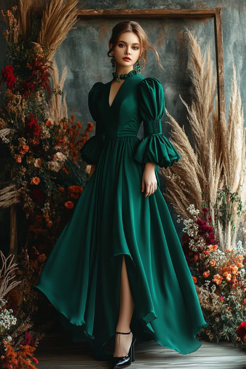 A stylish woman in a deep emerald green high-low dress with puff sleeves and a tulip hemline, standing near a rustic wedding backdrop surrounded by wildflowers