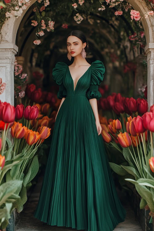 A stylish woman in a deep emerald green midi dress with puff sleeves, a keyhole neckline, and a pleated skirt, standing near a grand wedding arch with colorful tulips