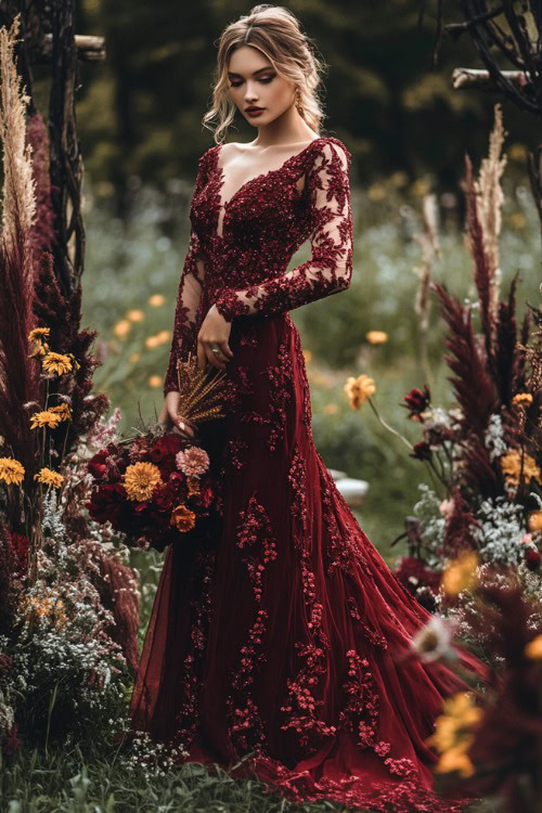 A stylish woman in a deep maroon fishtail gown with a sweetheart neckline, long sleeves, and delicate floral embroidery, standing near a rustic wedding setup surrounded by wildflowers