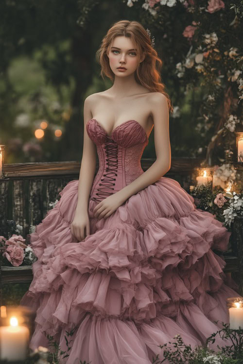 A stylish woman in a dusty rose ballgown with a sweetheart neckline, corset-style bodice, and layered skirt, standing near a floral wedding bench lit with candles (2)